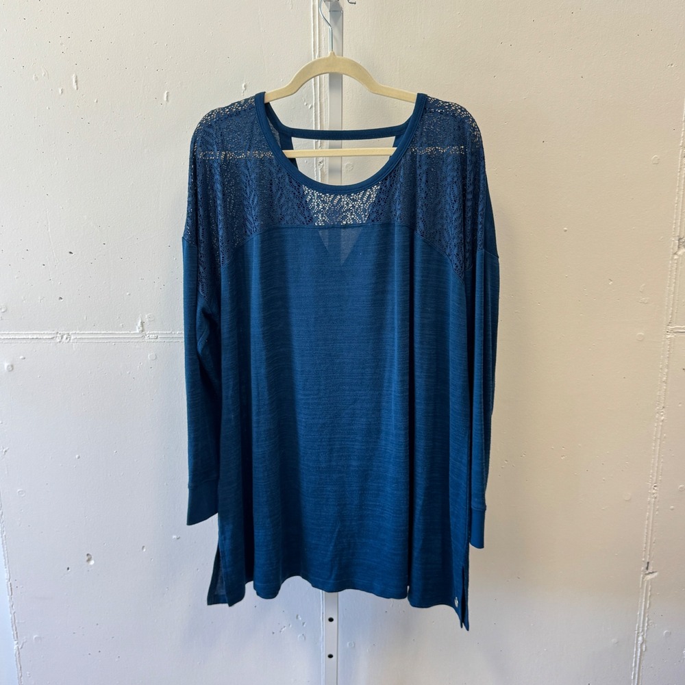 Livi Active Teal Blue Crochet Lace Shoulder Long Sleeve Top 22/24 Plus Size